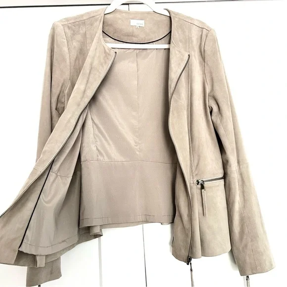 Beige Suede Moto Jacket Minimalist Biker Peplum Spring Weight Cream Size Medium - Picture 14 of 16